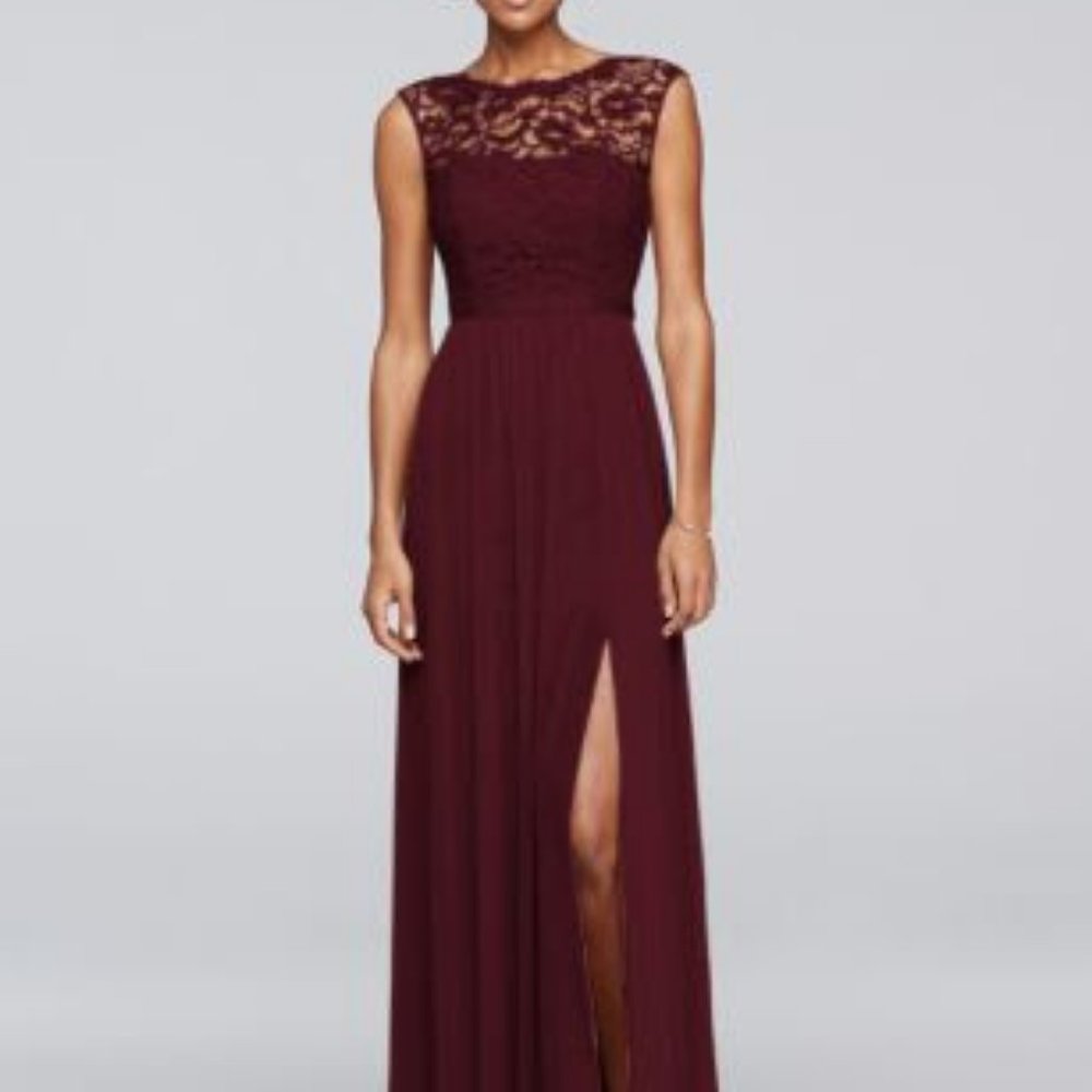 David's Bridal Wine Bridesmaid Dress with Lace Bodice